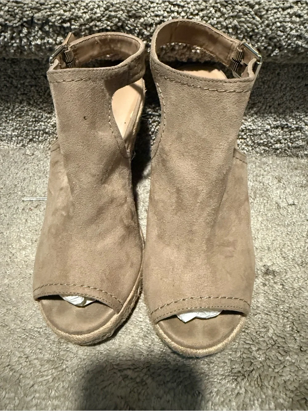Suede Peep-Toe Ankle Strap Wedge Sandals - Taupe